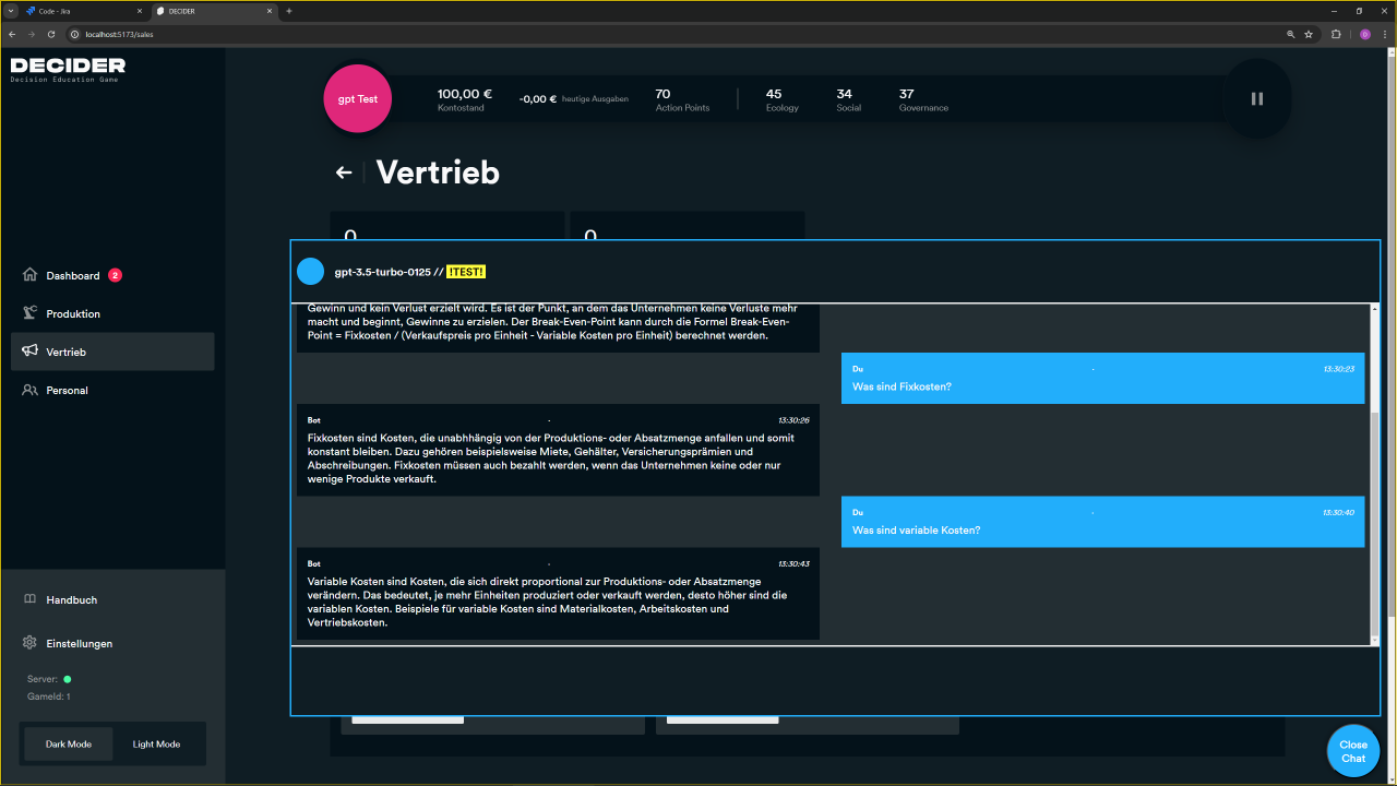 Erster Test KI-Integration (Screenshot DECIDER Prototyp v0.1)