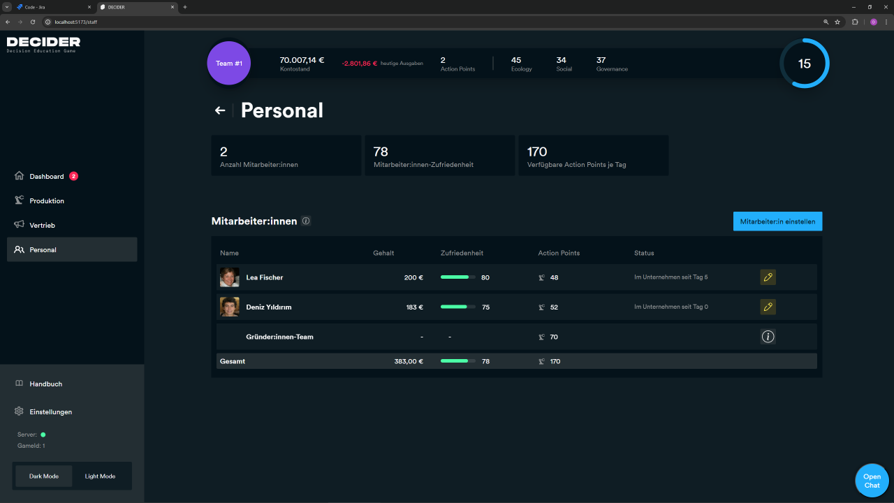 Personalverwaltung  (Screenshot DECIDER Prototyp v0.1)