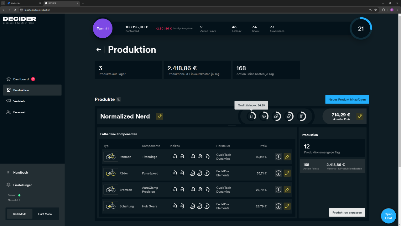 Produktionssteuerung (Screenshot DECIDER Prototyp v0.1)